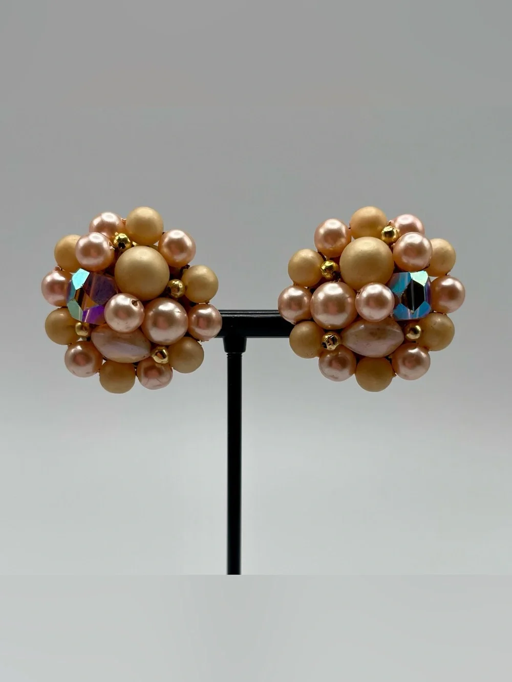 Pearl Cluster Clip-On Earrings in Peach, Cream, and AB Crystal Beads